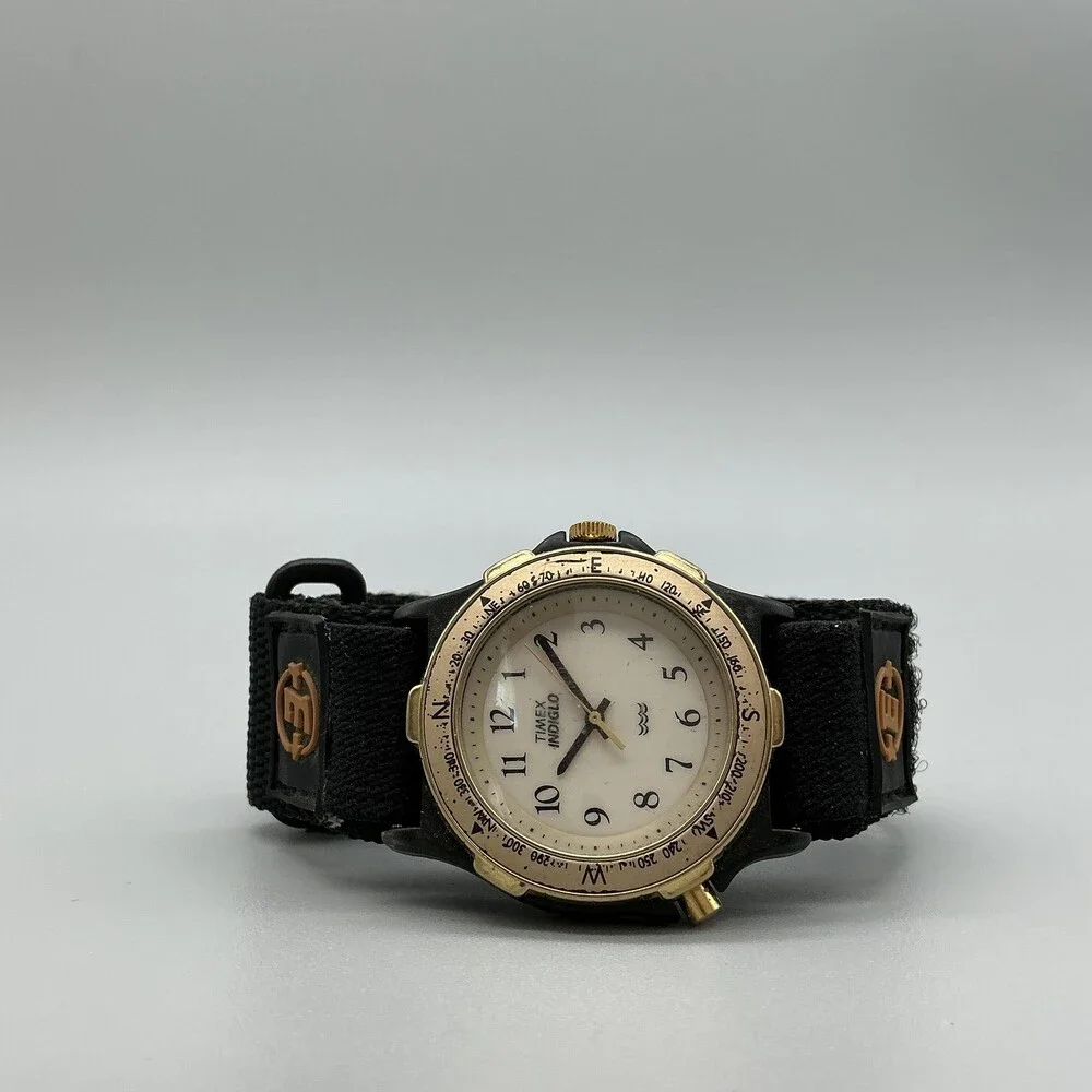 Vintage 1994 Timex Indiglo Mens Watch 37mm White Dial Compass Bezel New Battery